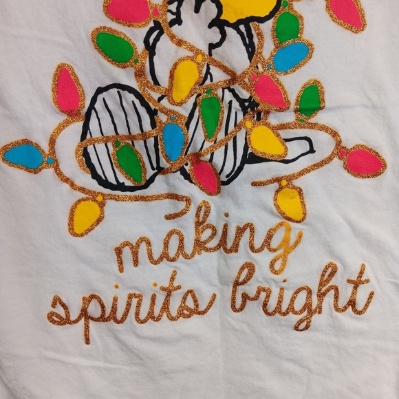 Girls Christmas Snoopy Shirt Woodstock Shimmer Lightbulbs XL Pink White COTTON - Picture 2 of 7